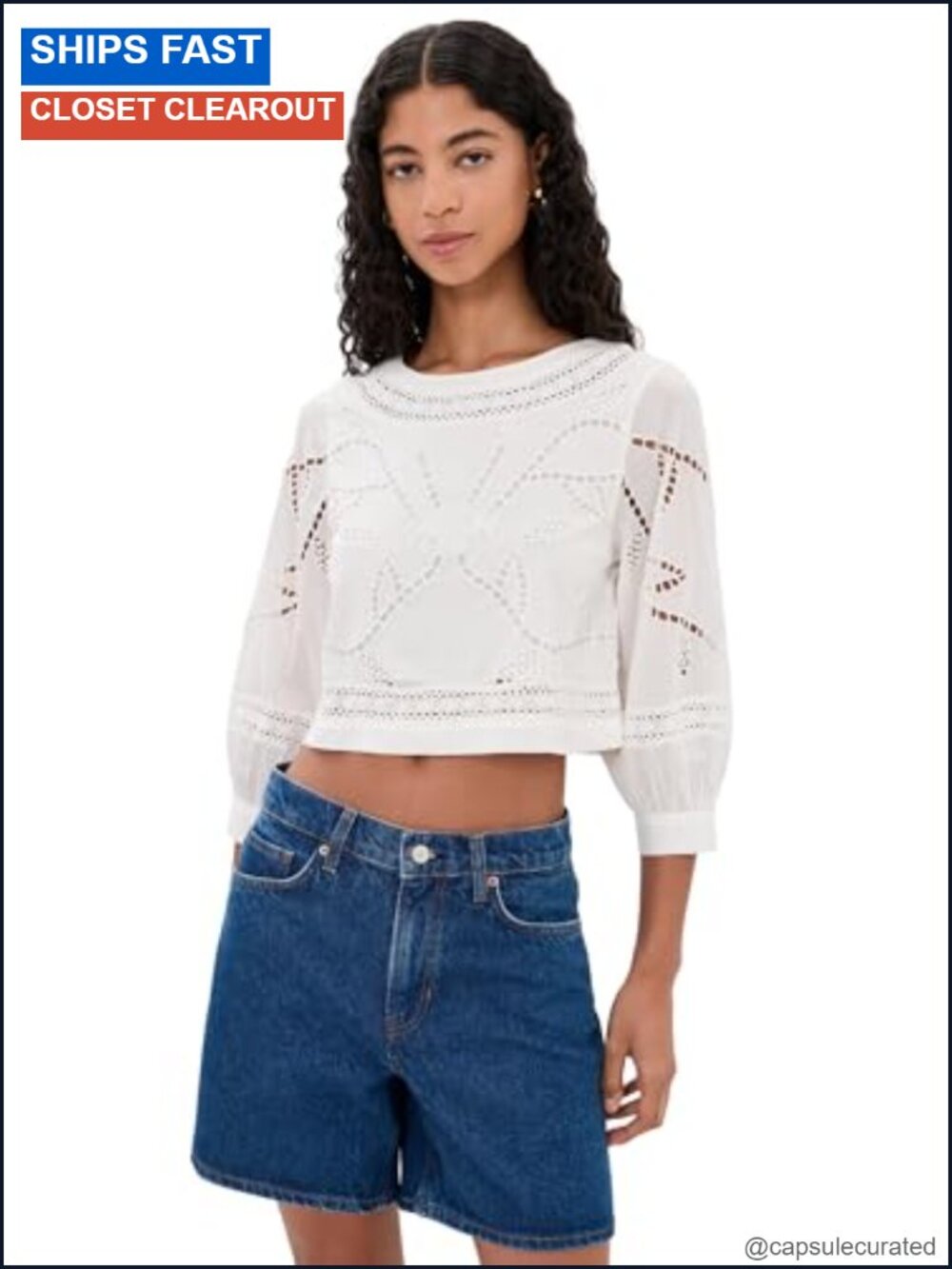 Women's Cotton Boat Neck Button Top with Crochet Lace Trim